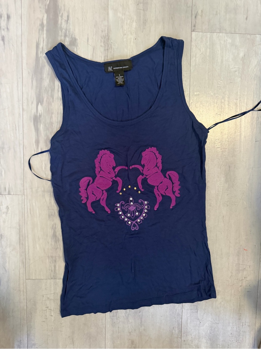 INC International Concepts Navy Scoop Tank with Pink Horse Motif